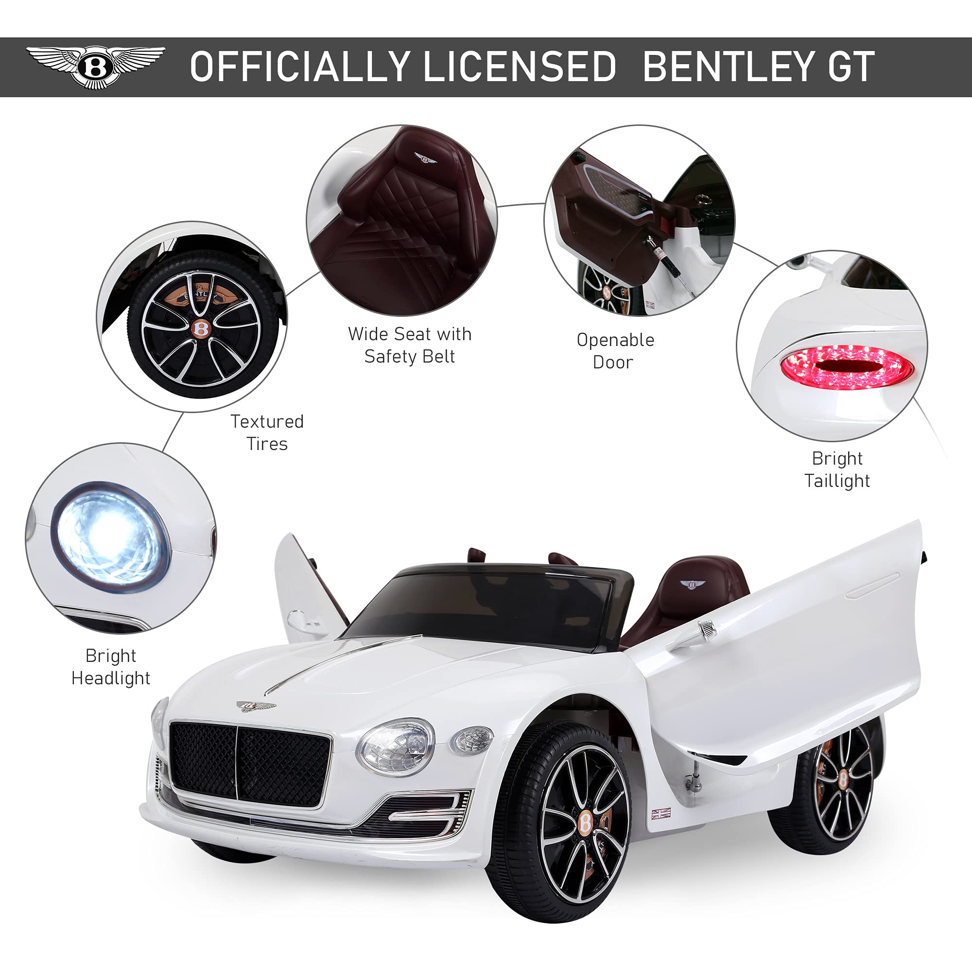 Aosom Licensed Bentley EXP12 Kids Electric Car with Parent Remote Control, 12V Ride on Car with Butterfly Doors, Startup Sound, Suspension, MP3 Player, Songs, Horn, Lights, White