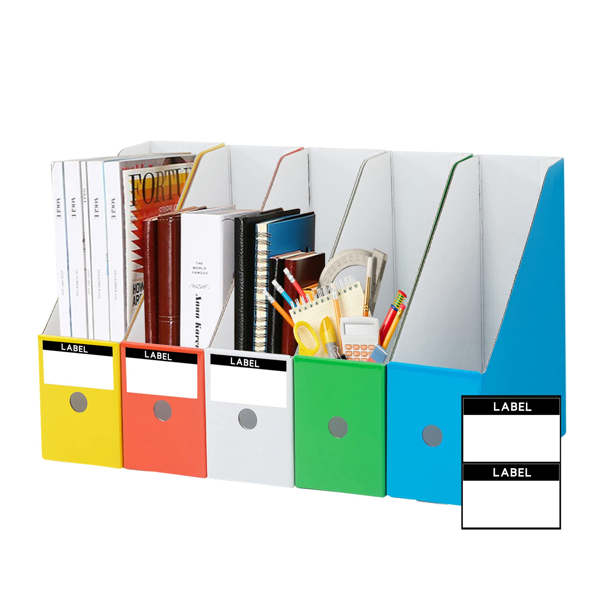 JINCHIDA 3 Pack Magazine File Holder with 3 Labels,Cardboard Magazine Holder for Files,Document Folder Holders A (5 COLOR, 5 PACK)