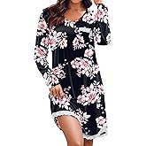Ekouaer Womens Long Sleeve Nightgowns V Neck Sleepshirts Lace Nightshirts Casual T-shirt Sleep Dress with Pocket