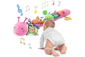 AWOTOY Baby Toys 6-12 Months Music Caterpillar Infant Toys Stuffed Animals 0-3-6 Months Teething Tummy Time Sensory Toys with Mirror Rattle&Pull String for Boys Girls Birthday Gifts|Candy Pink,Leafy