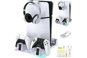 LUCKIT PS5 Wall Mount Kit with Charging Station, Compatible with PS5/PS5 Slim Disc & Digital Version, Dual Controller Chargers for Playstation 5 Accessories with Multi-Mode RGB Light and Headphone Hanger