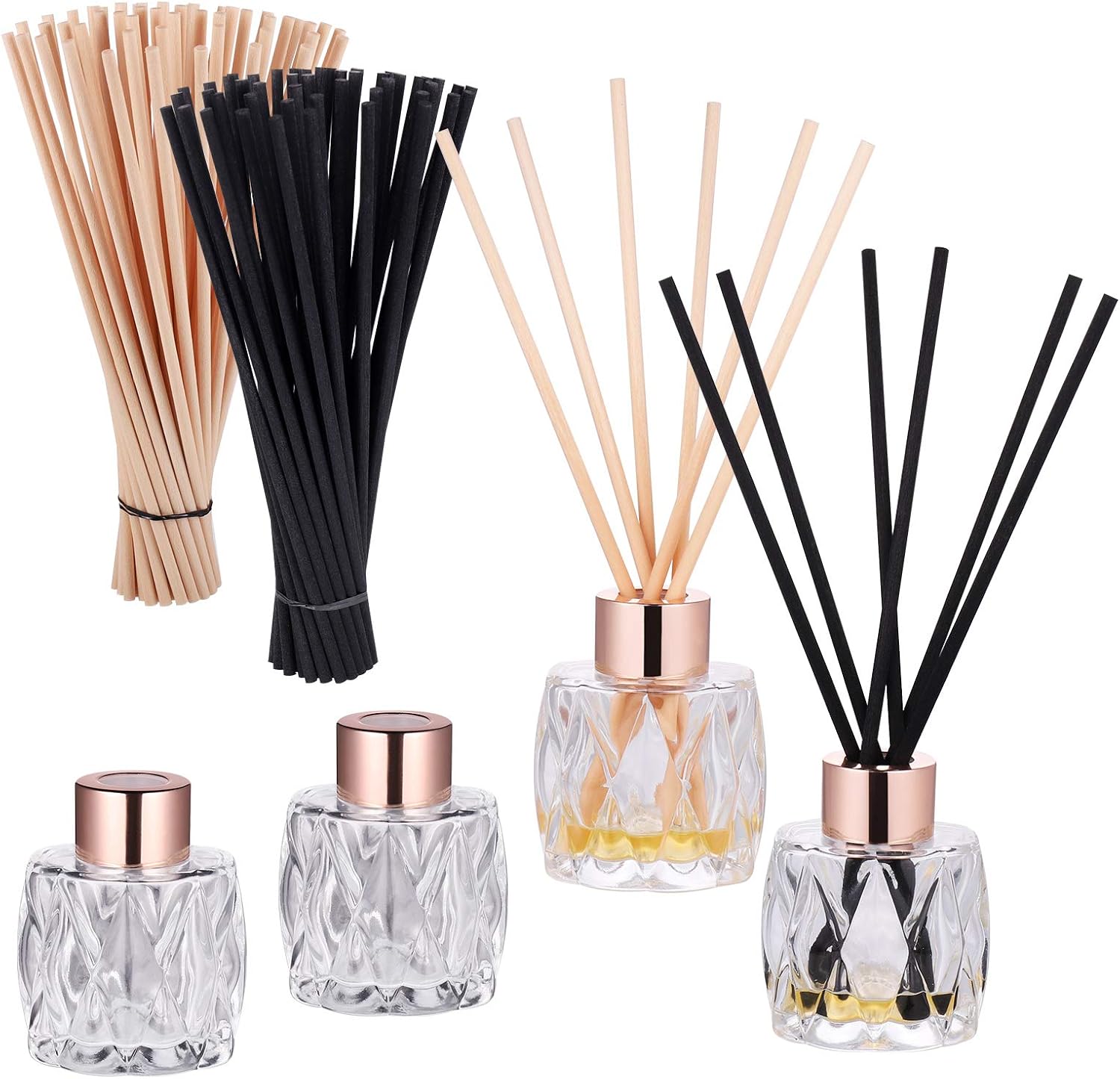 Fentar 4-Pack Empty Diffuser Bottles with 100pcs Reed Diffuser Sticks (50 Black and 50 Beige)