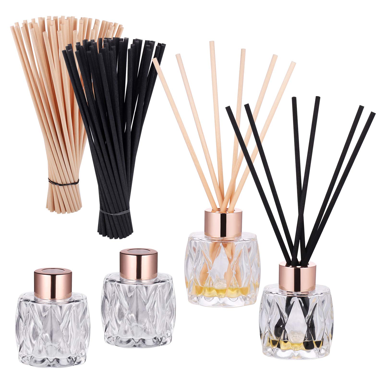 Fentar 4-Pack Empty Diffuser Bottles with 100pcs Reed Diffuser Sticks (50 Black and 50 Beige), Elegant Glass Essential Oil Holder, Reed Diffusers Bottle with Scent Fragrance Stick for Home & Office