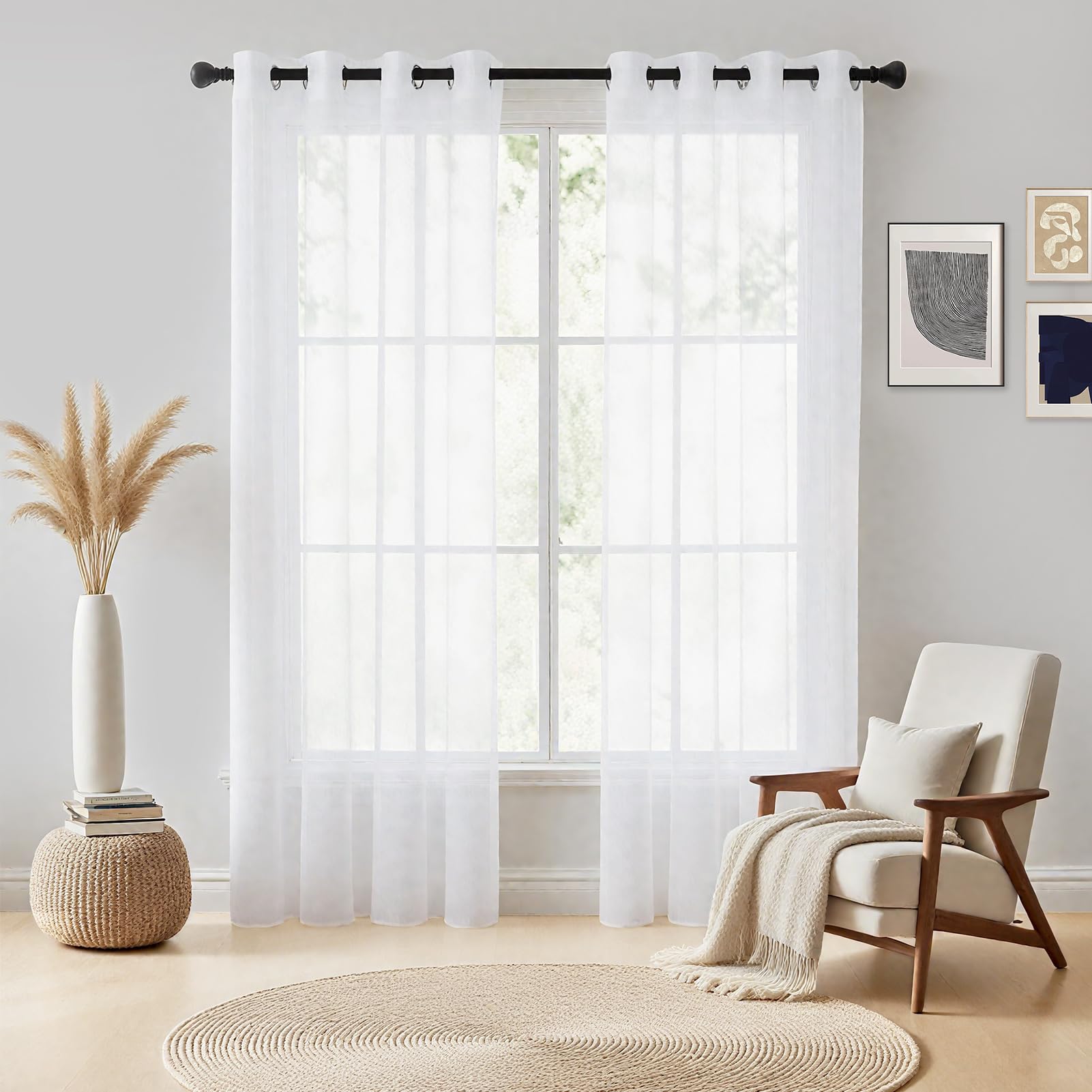 NAKIHOUSE Voile Curtain 108 Drop 2 Panels Net Curtains for Windows Eyelet Top Sheer Curtains for Kitchen Living Room Bedroom Nursery Room Window Treatment, White Voiles, 52" x 108" — image 1