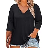 ZDC Womens Plus Size Tops 3/4 Sleeve V Neck T Shirts Casual Loose Fit Tee Tunic Blouse