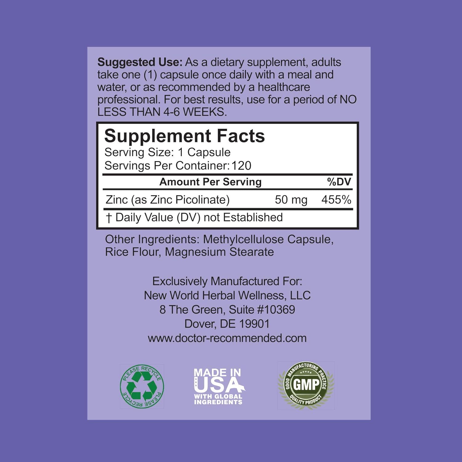Zinc 50mg - Zinc Picolinate Immune Health Support Supplement 120 Veggie Capsules for Adults and Kids Vitamin, Well-Absorbed High Potency Pure Zinc Supplements - 50mg Per Serving: Health & Personal Care