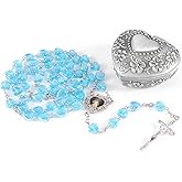 WHLHMK Rosary Beads Catholic for Girls With Rosary Box, Blue Crystal Heart Shaped Beads Rosary Necklace with Heart Shaped Vintage Jewelry Box, Anglican Prayer Beads Christian Gifts for Women
