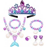 Keenjorika 6pcs Girls Princess Crown Necklace Bracelets Ear Clips Set, Mermaid Jewelry for Girls, Colorful Plastic Mermaid Accessories Set for Princess Party, Dress Up Pretend Play, Christmas Gift