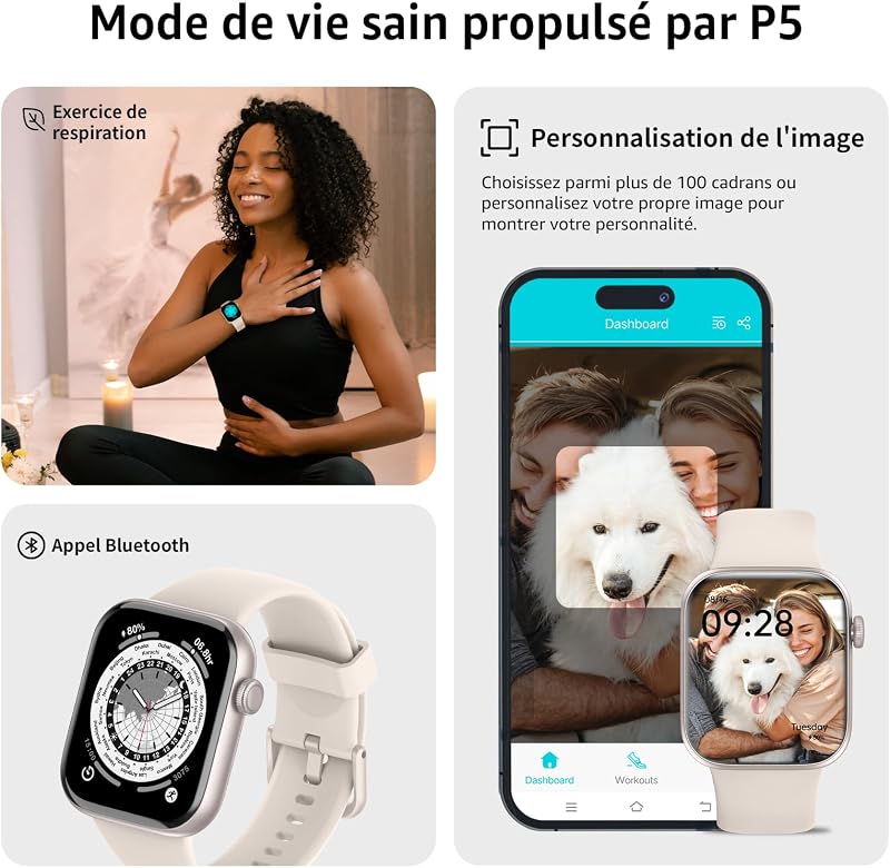 Montre Connectée Homme Femme avec Appels Bluetooth, Écran 1.85" HD Smartwatch Sport (140+ Modes), Cardiofréquencemètre, Moniteur de Sommeil, Étanche IP68 pour Android iOS