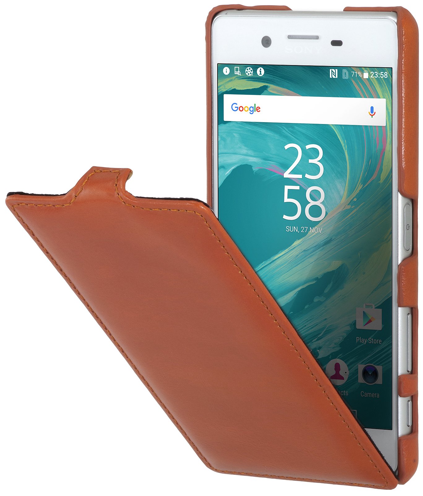 StilGut, Genuine Leather Case for Sony Xperia X Performance, UltraSlim Cover, Cognac Brown