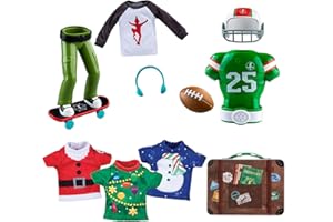 THE ELF ON THE SHELF Scout Elf On The Shelf Clothes & Accessories Bundle - 1x Christmas T-Shirt Party Pack, 1x Snowflake Touchdown Tidings Set & 1x Holly Jolly Ollie Skateboard Set - Boy Elf Clothes Outfits