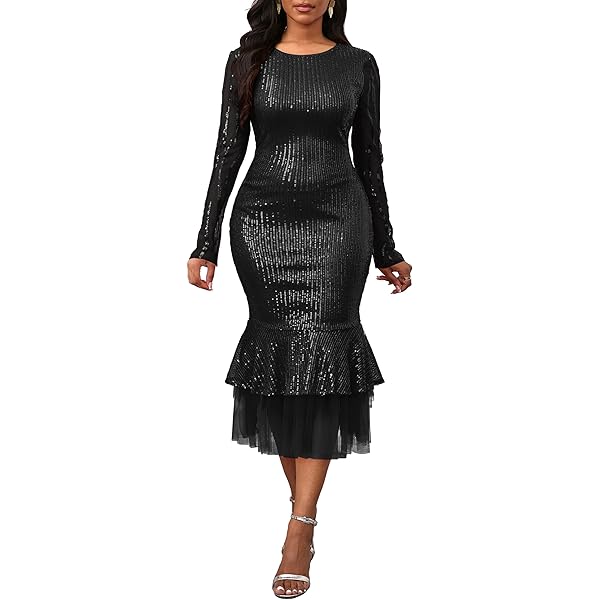 VERWIN Women's Fringe Maxi Dress High Waist V Neck Tiered Tassels Dress  Ruffles Sleeve Bodycon Prom Dress M Black at Amazon Women's Clothing store