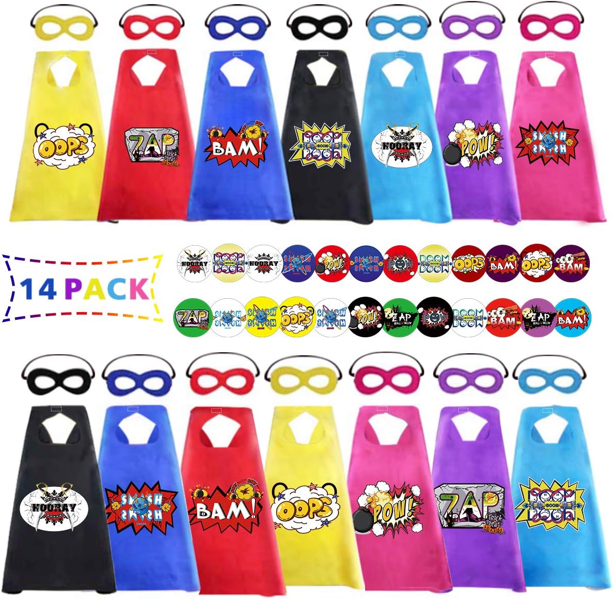 newoer Kids Superhero Capes,14PCS Superhero Capes Set and Stickers Dress Up Cloth Gifts for 3-12 Year Old Boys Girls Birthday Party Halloween Cosplay DIY Cartoon Heros Costumes