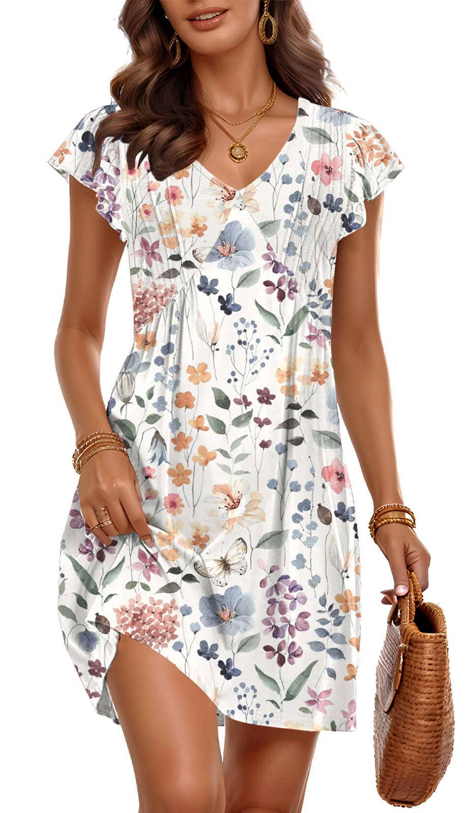 short flowy dresses casual Bohemian Off-White Cotton Sundress with Sleeves Off White / XSmall Beach Party Short Flowy Printed Dresses Floral