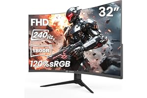 CRUA 32" Curved Gaming Monitor, 240Hz Full HD 1920×1080P VA Panel, 1800R Ultra-Wide Screen, 120% sRGB Color, AMD FreeSync, Low Blue Light, HDMI 2.0 & DP 1.4 Ports, Wall Mountable Installs-Black