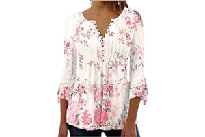 SHOPESSA 3/4 Sleeve Tops for Women Dressy Button Up Flowy Shirt Cute Summer Graphic Tees Womens Clothes Spring 2024