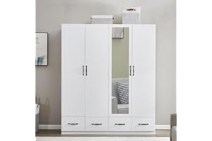 TrendTerrace Wardrobe Closet with Mirror, 4 Door 4 Drawers Wooden Armoire Wardrobe Closet with Hight Storage Capacity, Tall Cabinet Closet Wardrobe with 2 Hanging Rod 63" L x 20.3" W x 74.2" H