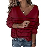 SunnyMelody Womens Cute V Neck Striped Sweater Fall Outfits 2025 Trendy Pullover Sweaters Top - Lightweight, Loose Fit