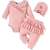 fioukiay Preemie Newborn Baby Girl Clothes Infant Girl Solid Ribbed Outfits Ruffle Romper and Pants 3PC Clothing Sets