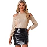 Allegra K Sequin Tops for Women's Sparkle Glitter Long Sleeve Cold Shoulder Party Tunic Tops