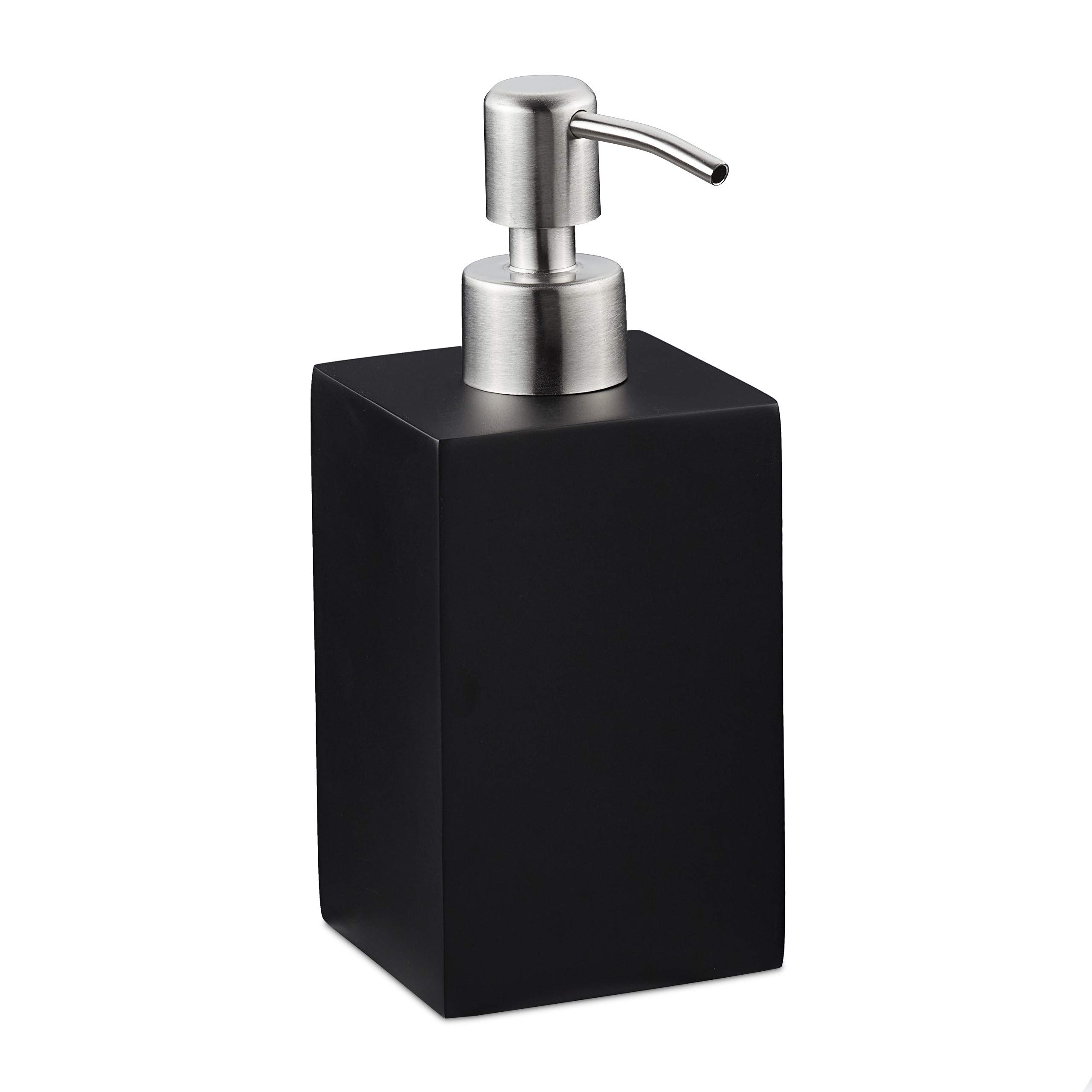 Relaxdays Soap Dispenser, Rectangular, 300 ml, Refillable, Bathroom, for Liquids, Polyresin, Stainless Steel Pump, Black