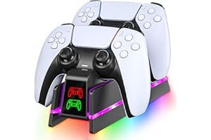 FEGLIEA PS5 Controller Charger Station for PlayStation 5 Dualsense/Dualsense Edge, Charging Station with 10 LED Light, PS5 Controller Accessories Charging Dock, Black