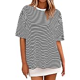 PRETTYGARDEN Womens Oversized Cute Tops Casual Striped Short Sleeve Shirt Women Trendy 2026 Spring Fashion Basic Tees Blouse
