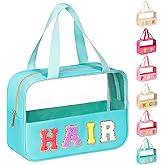 eurovicky Chenille Letter Patch Clear Makeup Bag, Preppy PVC&Nylon Makeup Bag with Handle and Zipper, Waterproof Large Clear Travel Toiletry Bag Storage Bag for Women