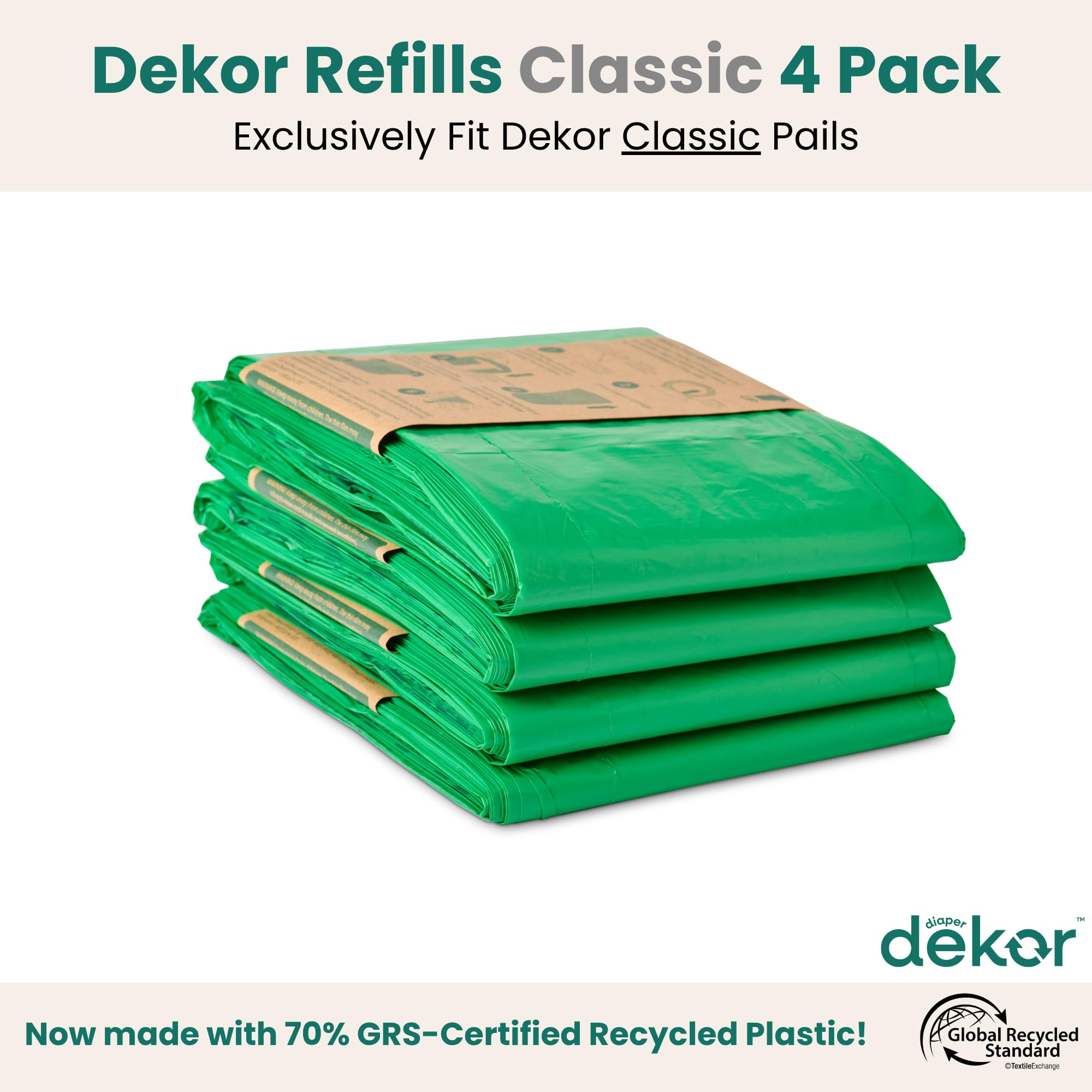 Diaper Dekor CLASSIC Diaper Pail Refills | 4 Count Unscented | Exclusive End-of-Liner Marking | Thick Quick & Easy to Replace | Most Economical Refill System | for Original and Eko Style Pails