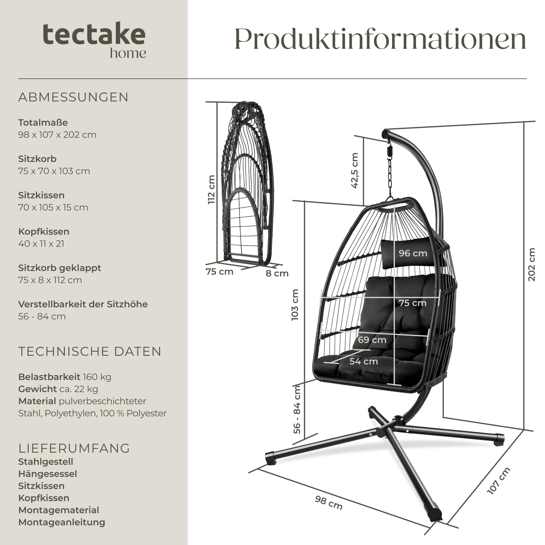 tectake® Hängesessel mit Gestell, Dicke Kissen, Möbel, Deko für Wohnzimmer, Jugendzimmer, Balkon, Outdoor oder Indoor Schaukel Sessel, Kinder & Erwachsene, belastbar bis 160kg - schwarz 6