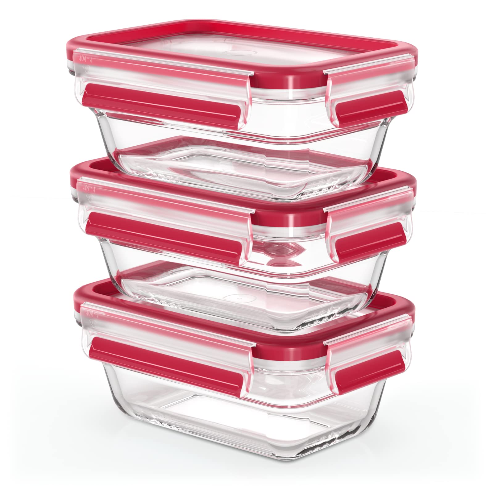 EMSA Clip & Close Glas Frischhaltedose, rechteckig, 0,45 L, 100 Prozent dicht, rutschfestes Stapeln, Glasbehälter spülmaschinen-, gefrier-, backofen-, mikrowellenfest, Rot, Transparent, N10511