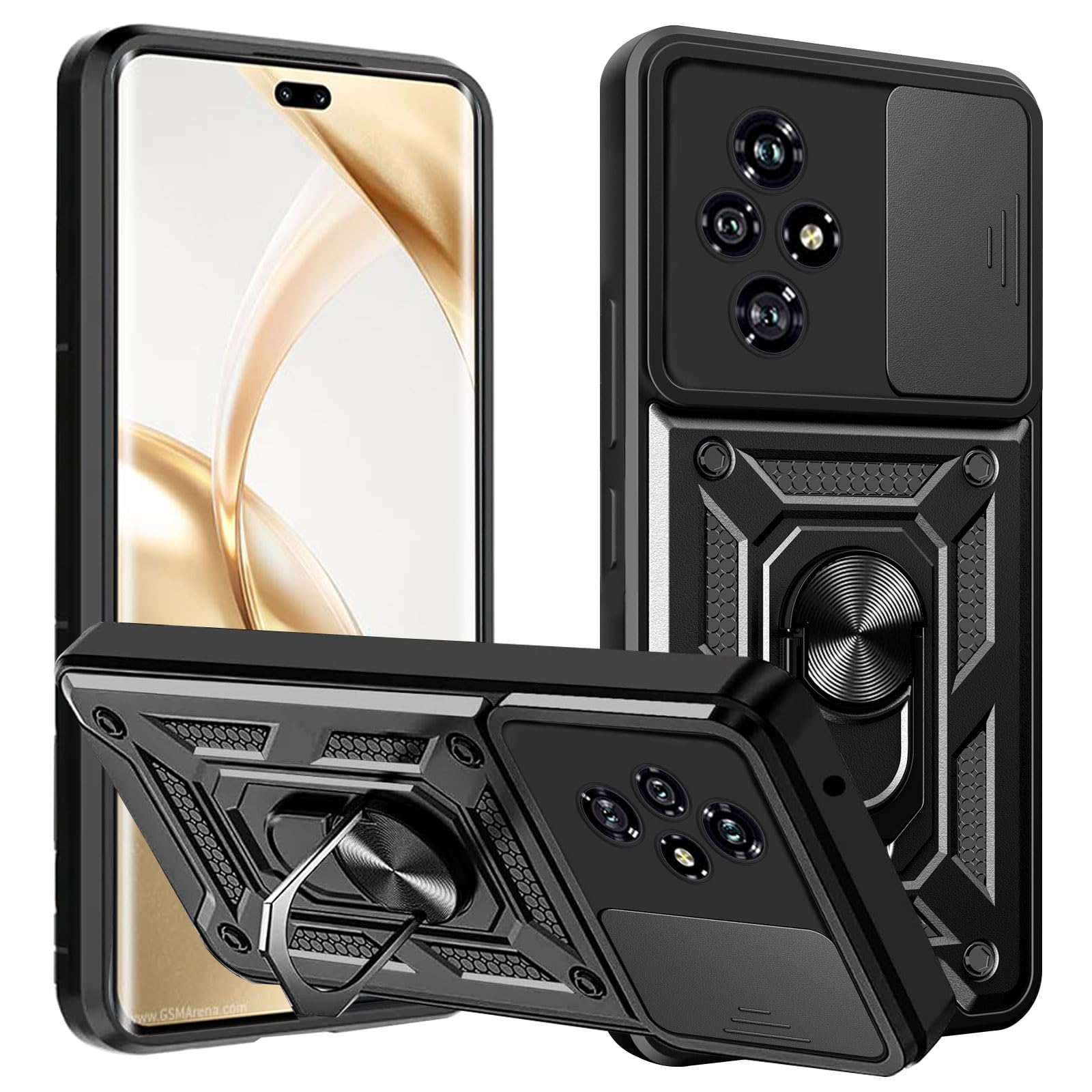 KZIOACSH Case for Honor 200 Pro, [360 Rotaring Kickstand][Slide Camera Cover] Hybrid Soft TPU Frame+ Hard PC Back Case Military Grade Anti-Scratch Shockproof Rugged Bumper Phone Cover,Black