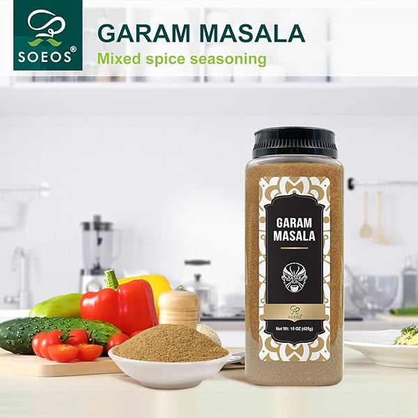 SOEOS GARAM MASALA, 15 OZ (425G), GARAM MASALA POWDER, INDIAN 8-SPICE BLEND, SALT-NO, VEGAN, NO COLORS, GLUTEN FRIENDLY, NON-GMO, MASALA SEASONING, GARAM MASALA BULK