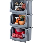 IRIS USA Open Front Storage Bins, Large - 3 Pack, Heavy Duty Garage Storage, Stackable Storage Bins, Tools Hose Household Product Sporting Goods, Wide Open Front, Interlocked Secure Stacking, Gray