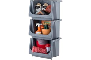 IRIS USA Stackable Storage Bins Open Front, Medium- 3 Pack, Heavy Duty Garage Organization, Sturdy Storage Bin, Tools Garden 