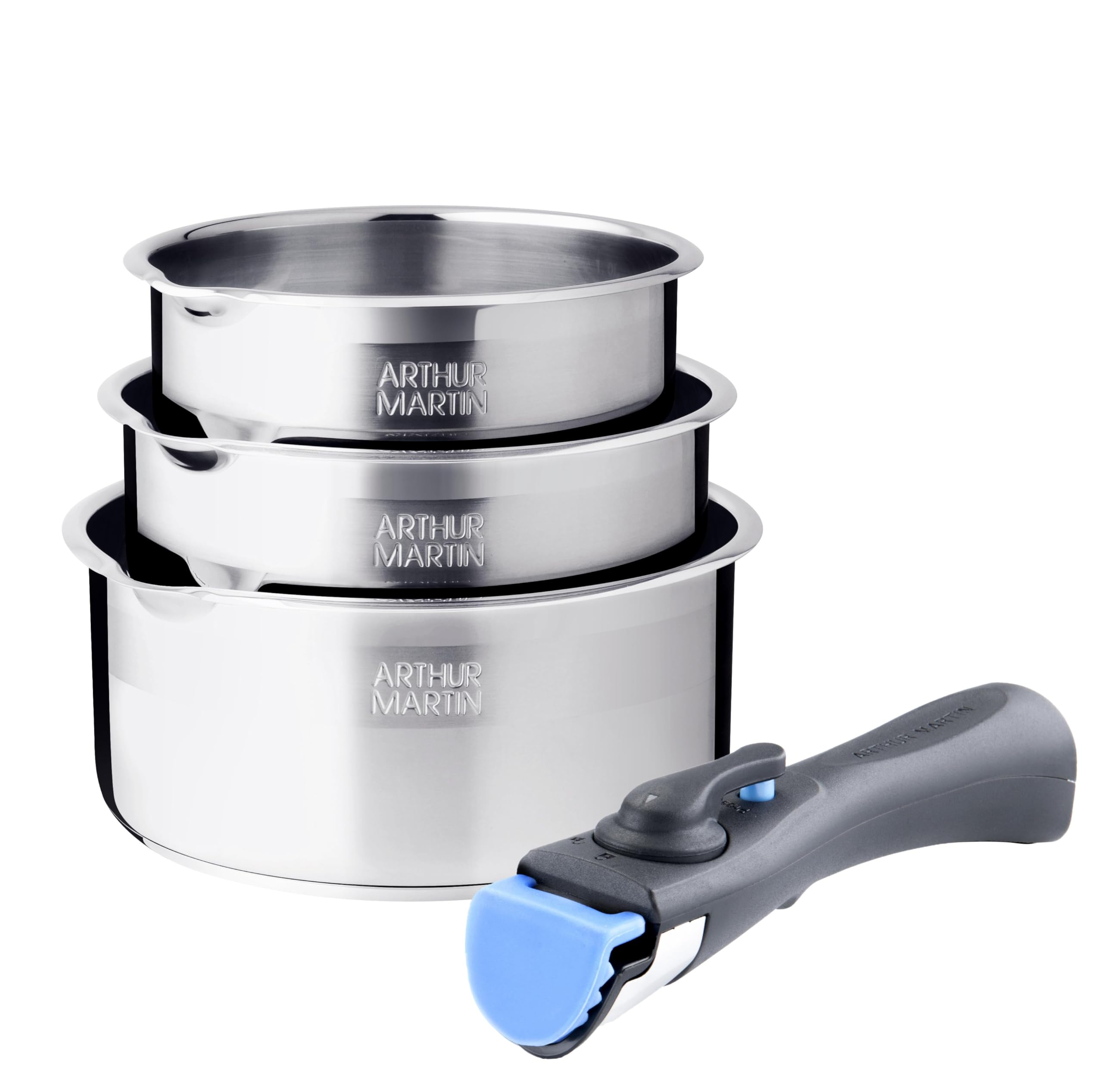 Arthur Martin - AM3456 Set of 3 Stainless Steel Saucepans with Removable Handle