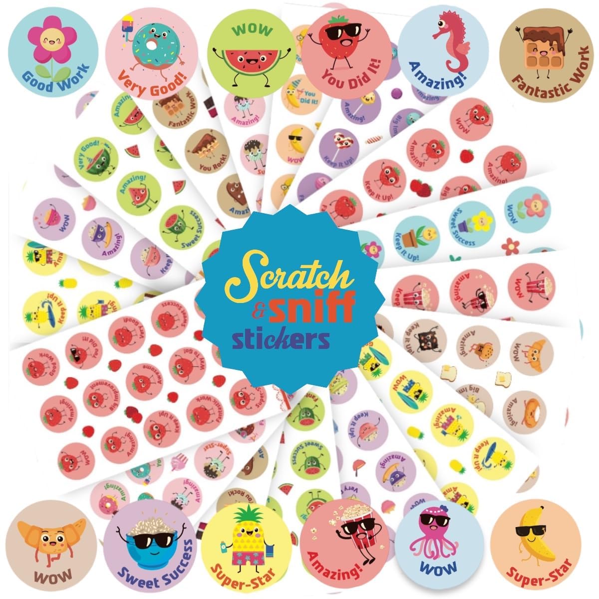 Joyful Artistry Smelly Stickers Scratch and Sniff, 24 Sheets, 12 Different scents, Motivational Reward Stickers for Kids and for Teachers (360)