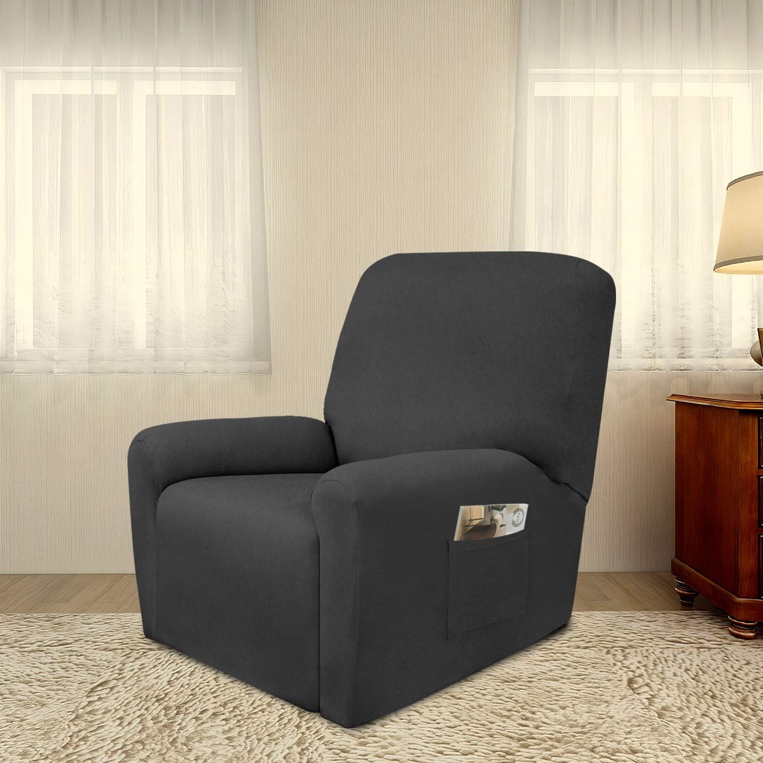 PureFit Super Stretch Chair Sofa Slipcover with Pocket – Spandex Non Slip Soft Couch Sofa Cover, Washable Furniture Protector with Elastic Bottom for Kids, Pets （Recliner， Dark Gray）: Kitchen & Dining