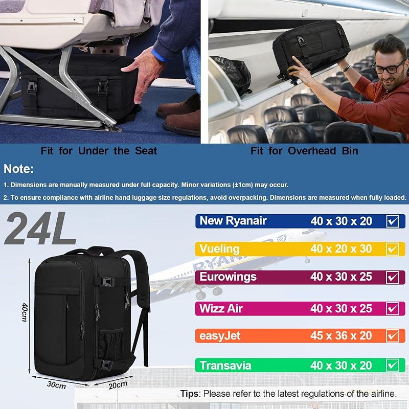 Mochila Viaje 40x30x20 para Ryanair, Vueling, Mochila Cabina 40x20x30 Mochila Viaje Cabina Avion con Compartimento Impermeable 24L Equipaje de Mano Bolsa Portatil 14 Pulgadas para Trabajo, Viajes