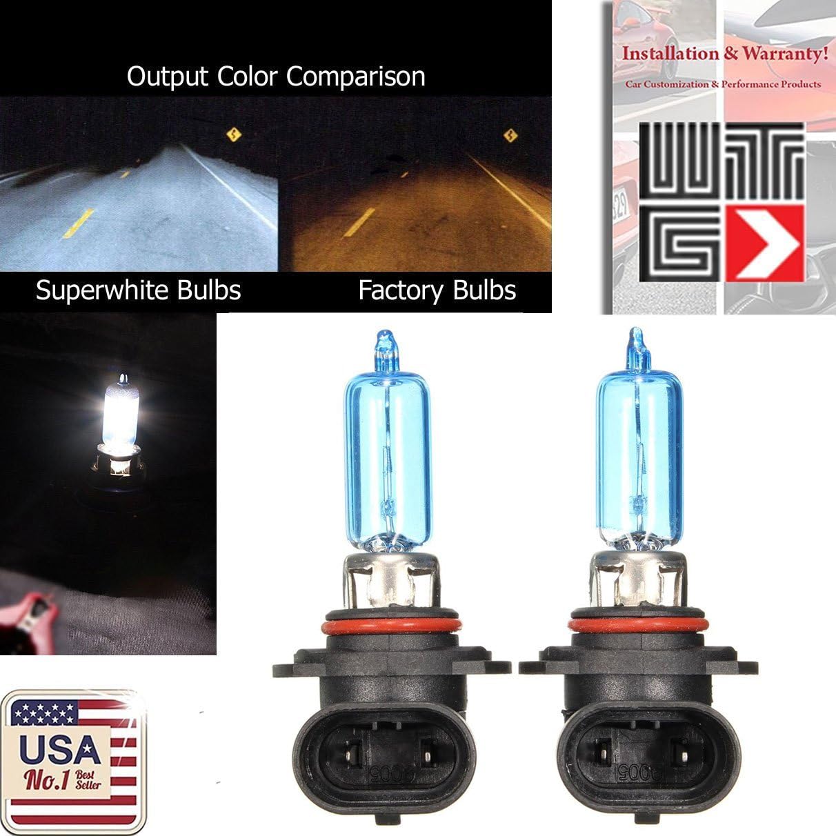 WTG 9005 HB3 1 PAIR 100W Super White Xenon Halogen OEM Headlight Light Bulbs (High Beam)
