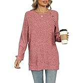 TUZIERDUO Womens Long Sleeve Shirts Trendy Button Decor Tunic Tops Side Split Casual Lightweight Fall Sweaters