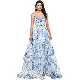 SHSUREVE Strapless Corset Prom Dresses for Women Tiered A Line Chiffon Formal Evening Party Gown with Slit