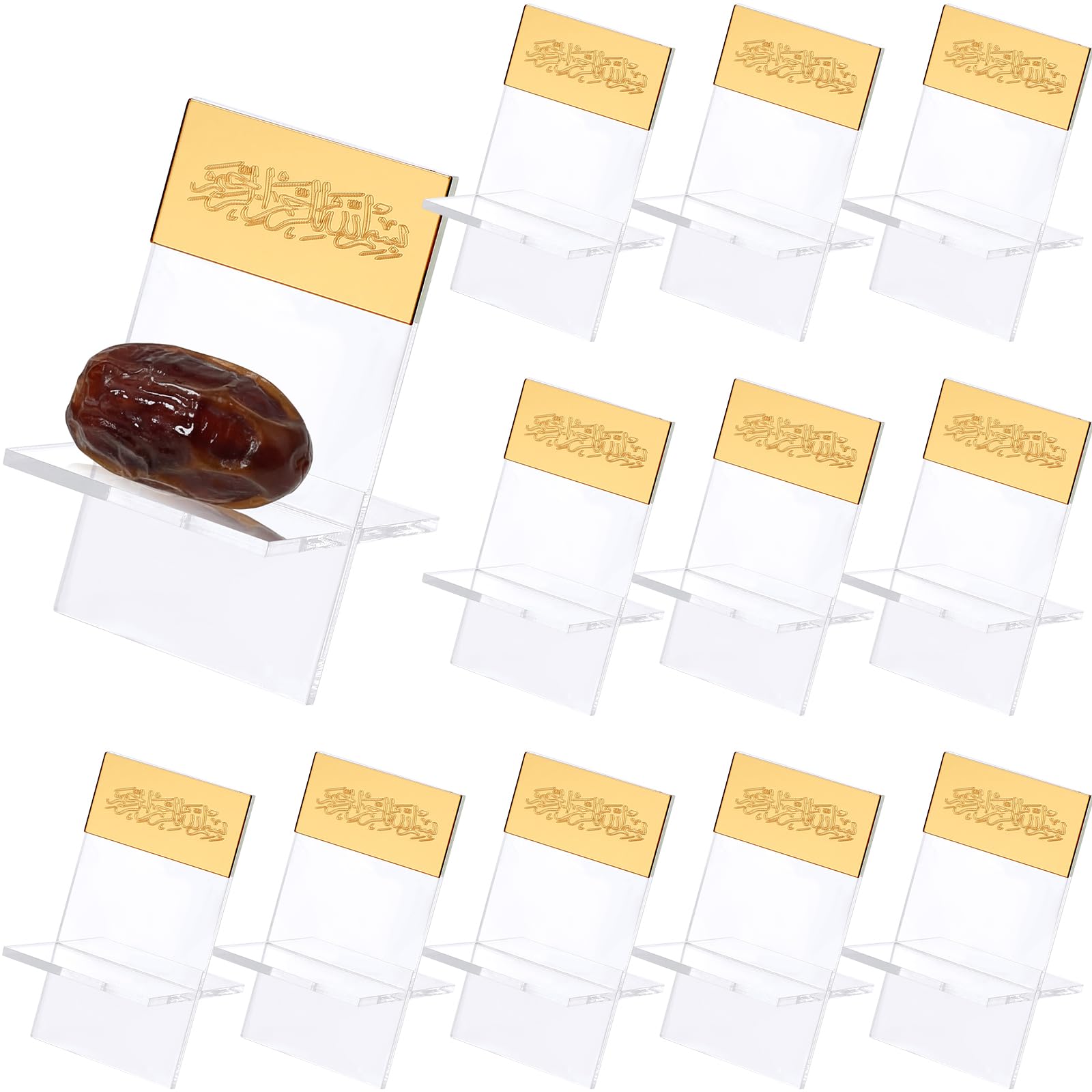 Photo 1 of Potchen 12 Pack Ramadan Date Holders Acrylic Glass Bismillah Islamic Calligraphy Date Stands Home Table Centrepiece Decorations for Eid Ul Fitr Fasting Ramazan Adha Gifts Party Favors(Modern,Gold)