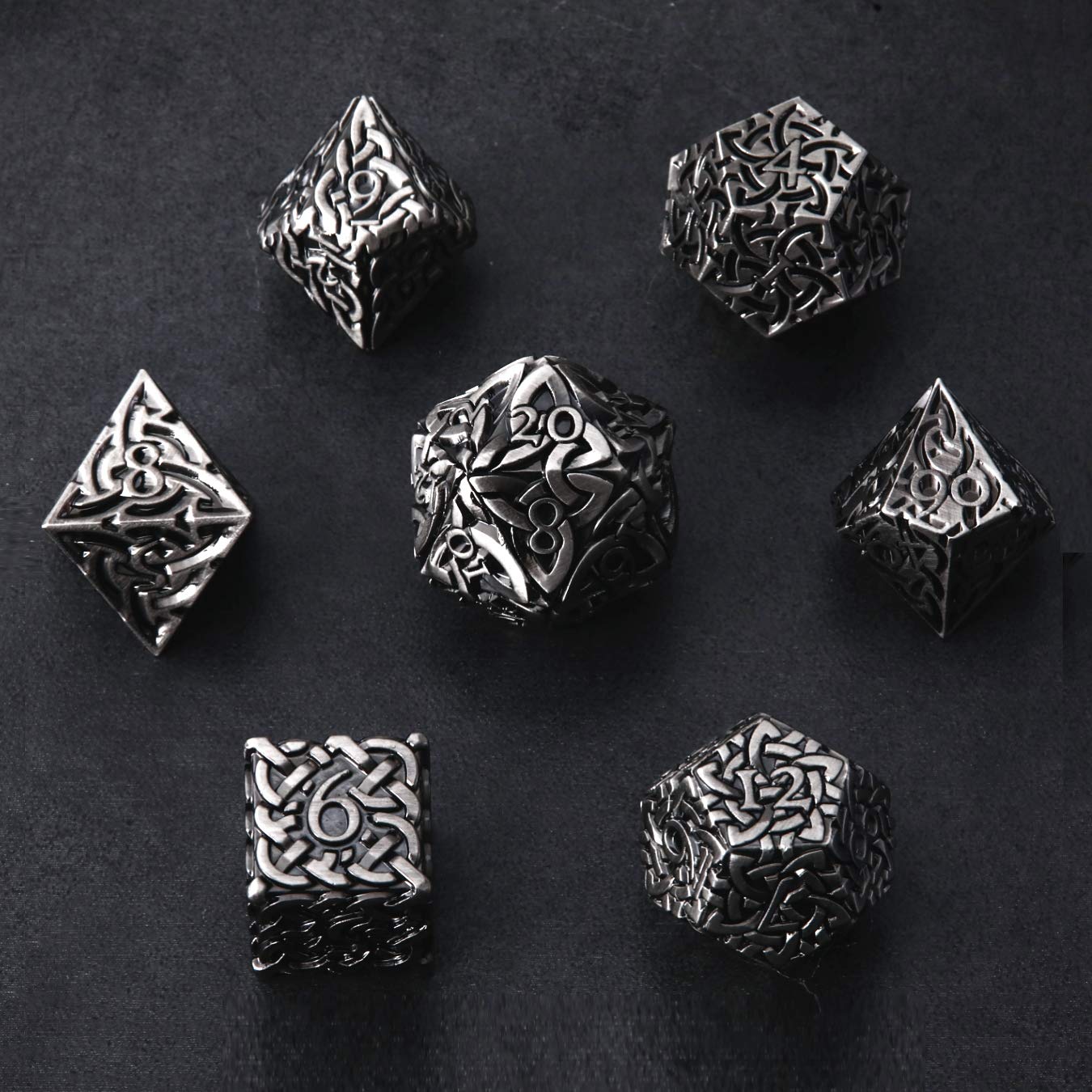 Antique Silver Endless Honor Dice 7 piece Polyhedral Metal Dice Set Celtic Knots Extra Heavy & Large for DnD Dungeons and Dragons Call of Cthulhu Pathfinder Tabletop RPG Dice Fighter Dice Artificer