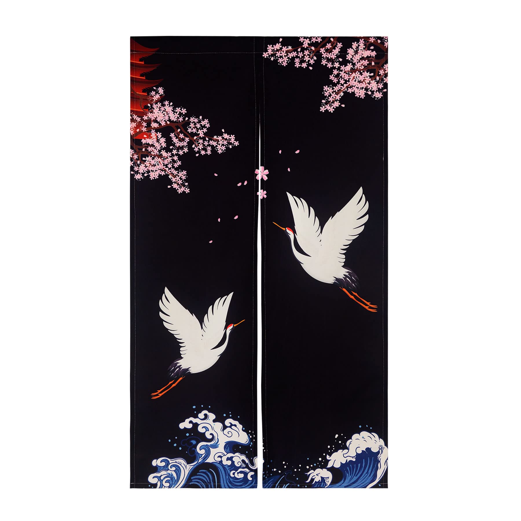 LIGICKY Noren Doorway Curtain Japanese Style Cranes Waves Cherry blossom Printed Window Treatment Door Tapestry for Home Decoration 85 x 150 cm, Black