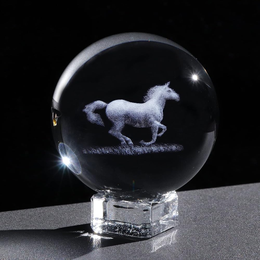 Ornalrist 2.36 in 6cm 3D Etched Horse Crystal Ball Ornament with Stand