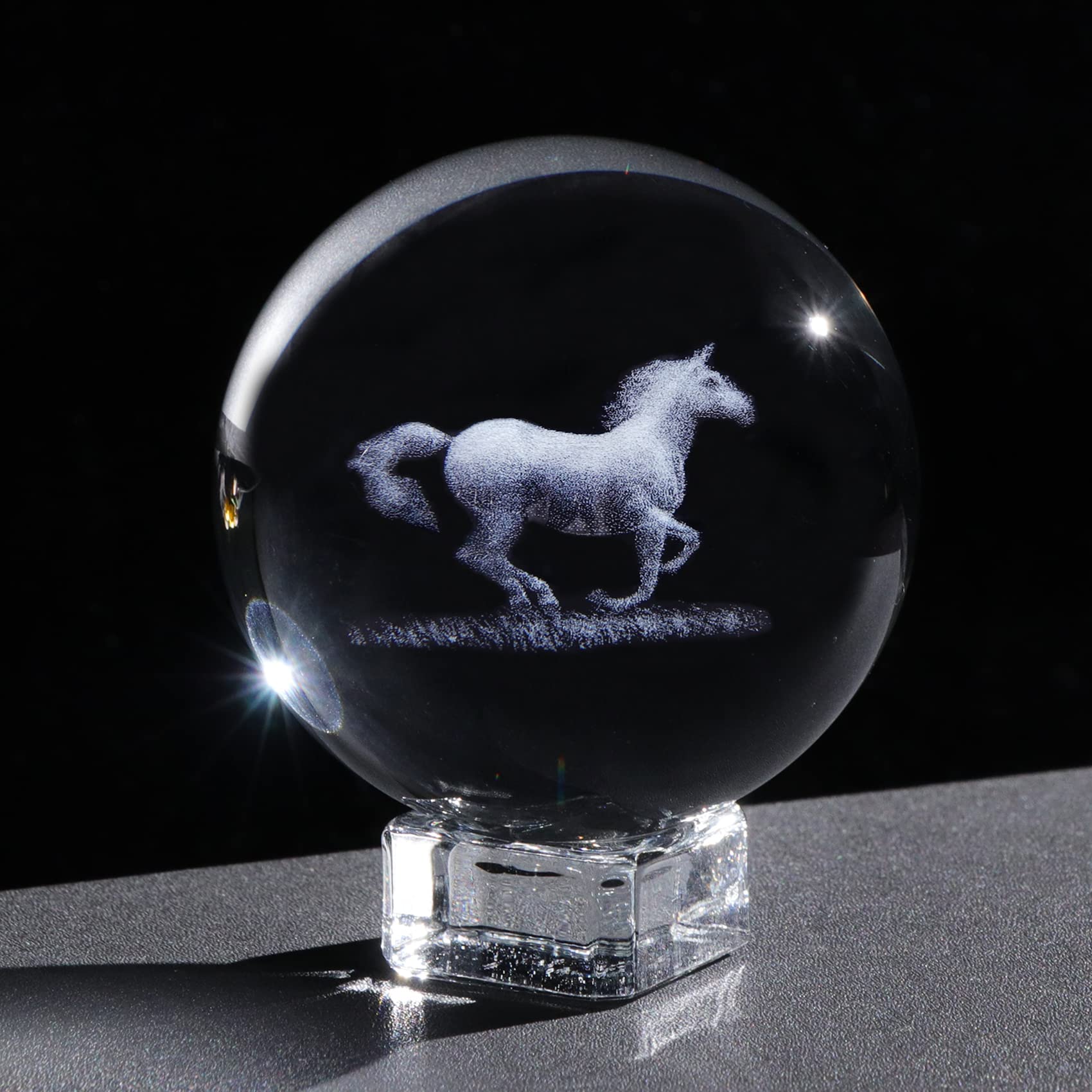Ornalrist 2.36 in./6cm 3D Etched Horse Crystal Ball Ornament for Home, Collectible Figurine Decor with Stand, Glass Crafts Horse Gifts for Women on Birthday Christmas