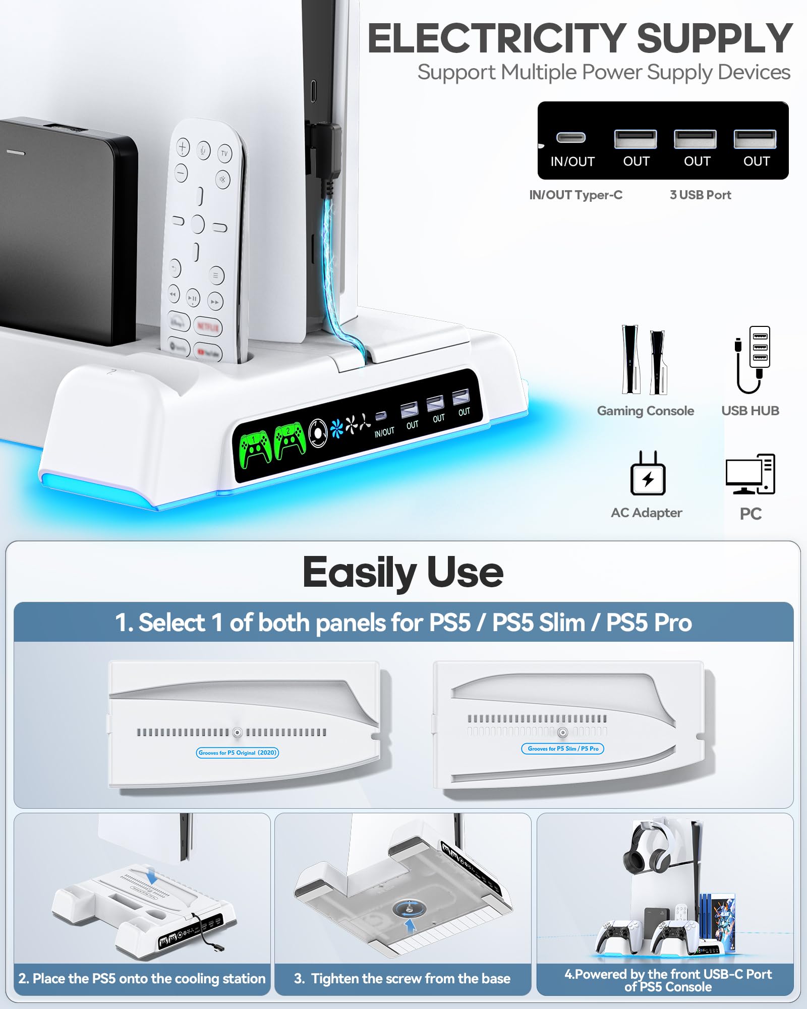 PS5/PS5 Slim/PS5 PRO Standfuß mit 3 Stufen Lüfter und PS5 Controller Ladestation für alle PS5 Konsole, PS5 Ständer mit LED Anzeige/3 USB Anschlüsse/Remote- und 14 Spiele Steckplätze für PS5 Zubehör 5