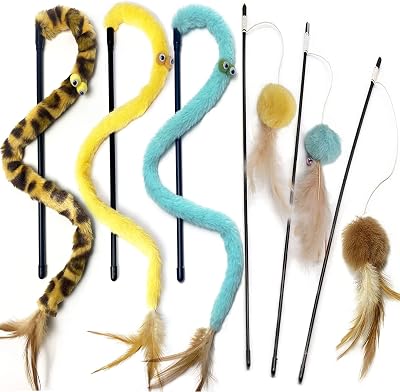 GingerUPer Cat Toy Set 6 Pack Interactive Feather Rainbow Wand Toys