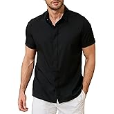 Cqser Linen Shirts for Men Casual Button Down Short Sleeve Shirts Lightweight Cotton Mens Linen Shirt Summer Beach Shirts